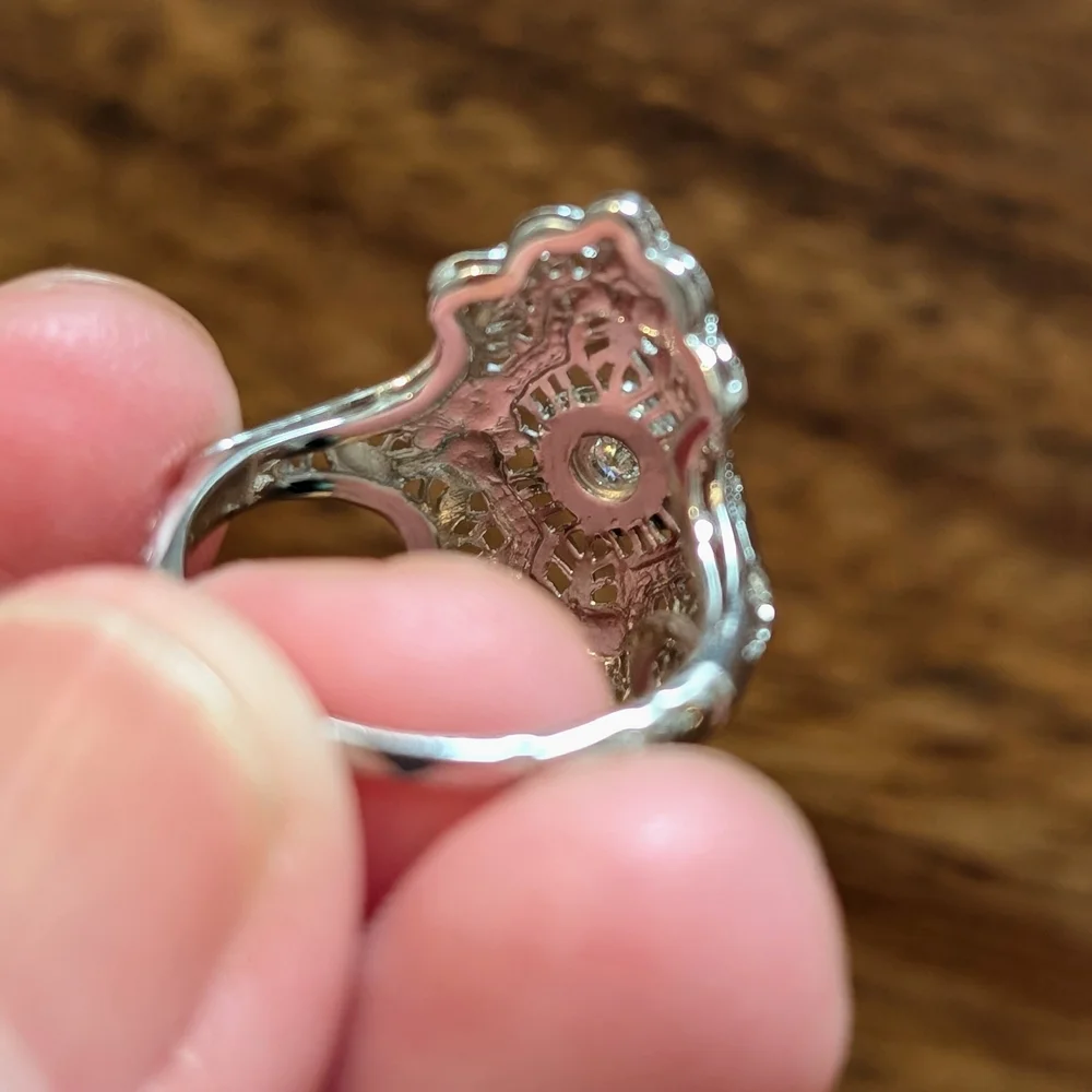 Art Deco Inspired Diamond Filigree Cocktail Ring in 14k White Gold Size 4 - Picture 6 of 6